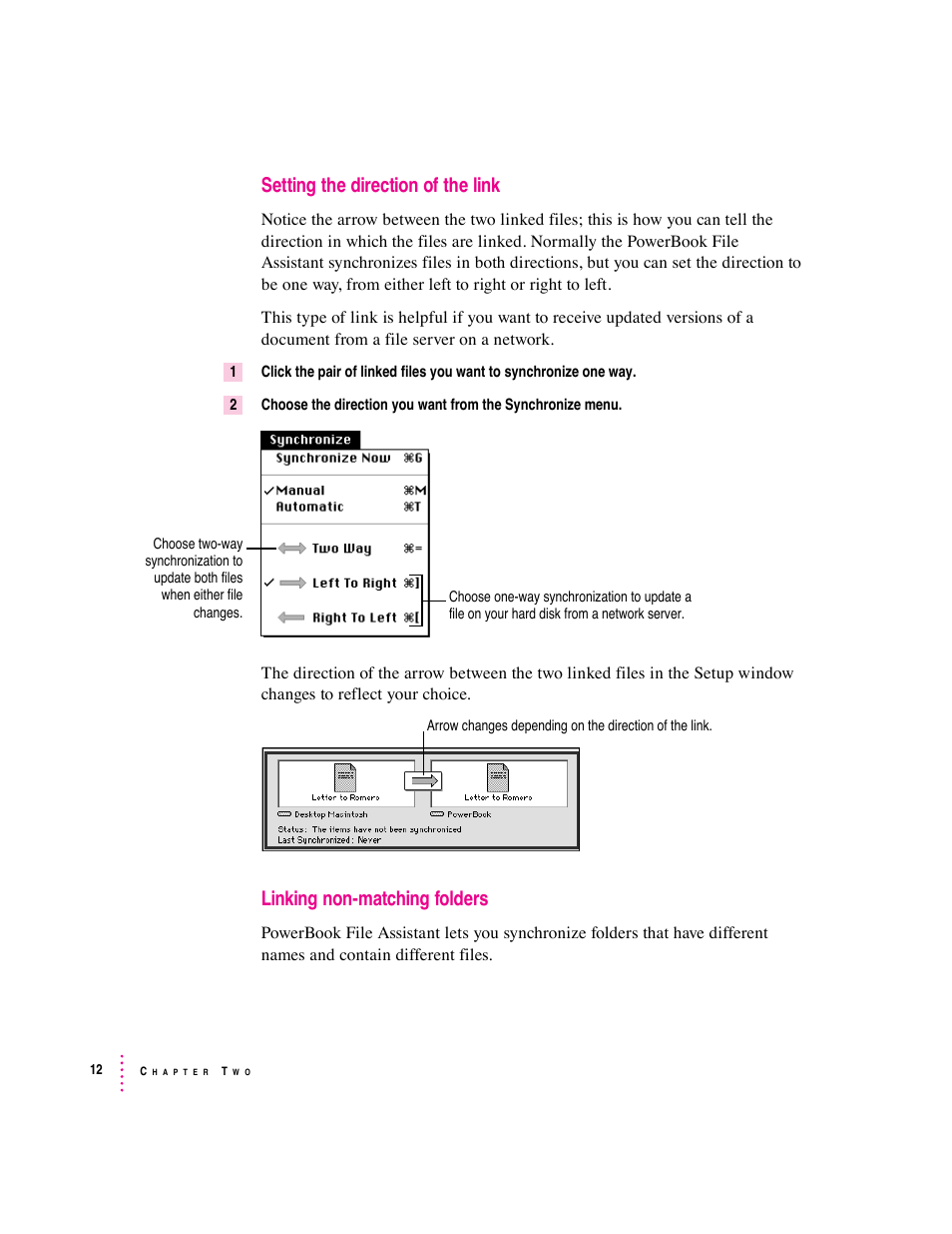 Setting the direction of the link, Linking non-matching folders | Apple PowerBook File Assistant User Manual | Page 18 / 32