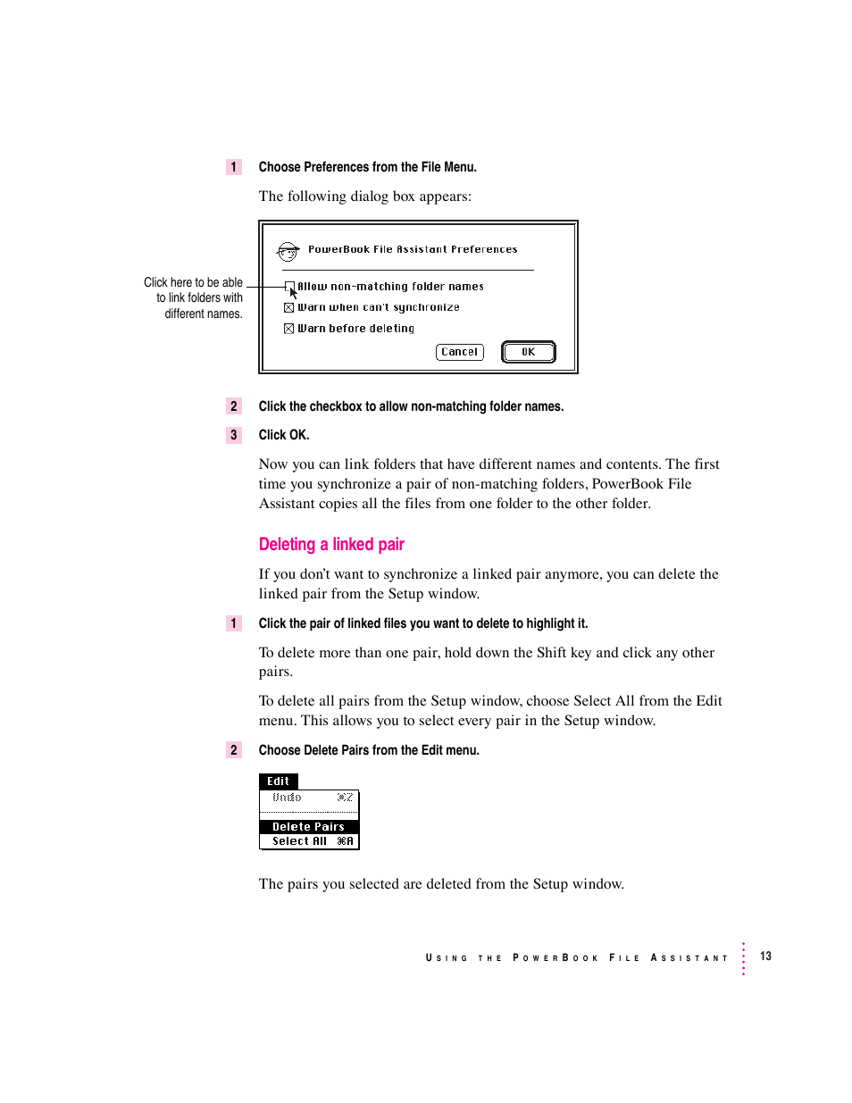 Deleting a linked pair, The following dialog box appears | Apple PowerBook File Assistant User Manual | Page 19 / 32