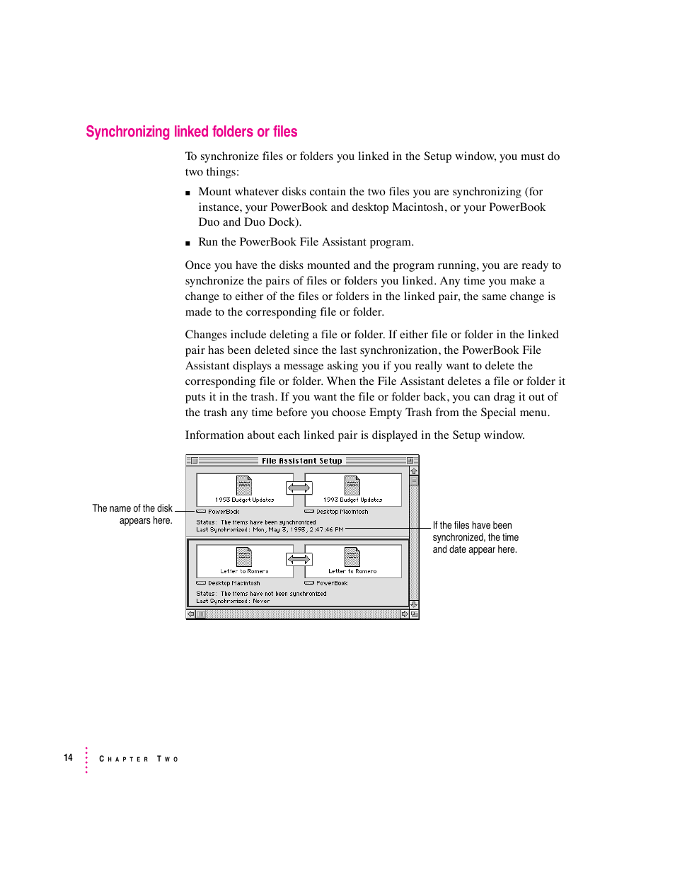 Synchronizing linked folders or files | Apple PowerBook File Assistant User Manual | Page 20 / 32