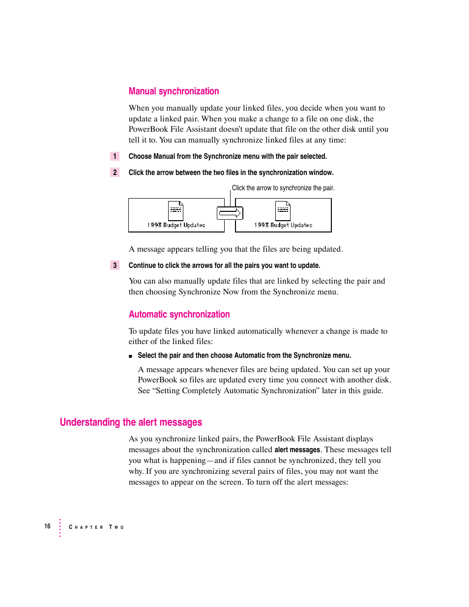 Understanding the alert messages, Manual synchronization, Automatic synchronization | Apple PowerBook File Assistant User Manual | Page 22 / 32