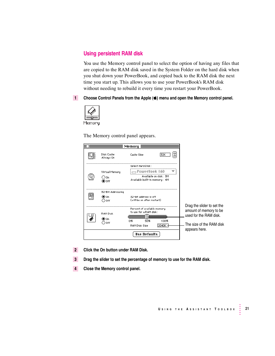 Using persistent ram disk | Apple PowerBook File Assistant User Manual | Page 27 / 32