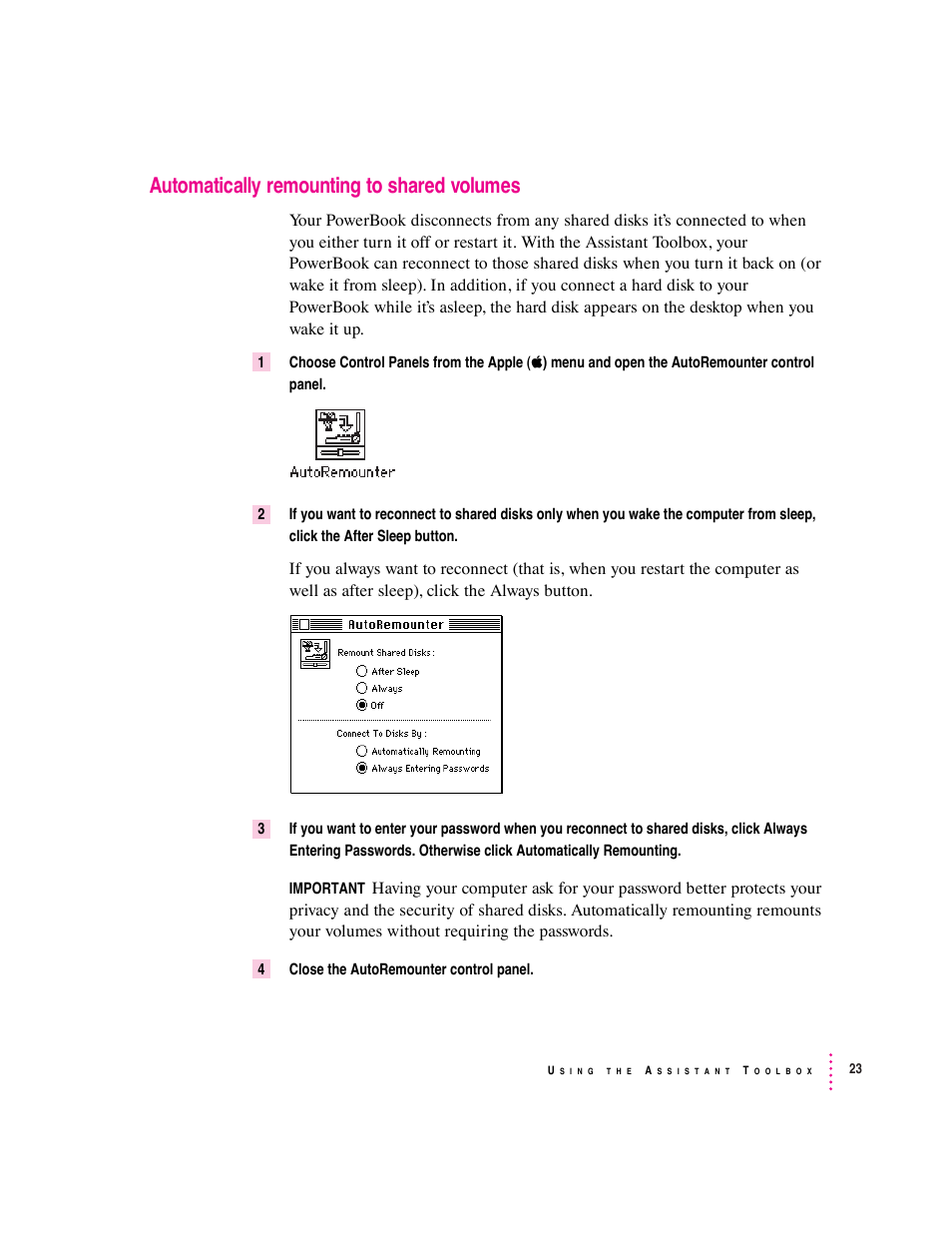 Automatically remounting to shared volumes | Apple PowerBook File Assistant User Manual | Page 29 / 32