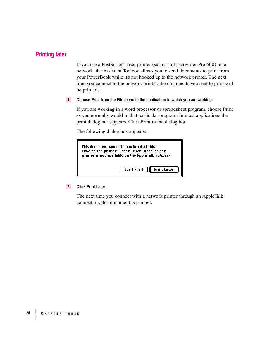 Printing later | Apple PowerBook File Assistant User Manual | Page 30 / 32