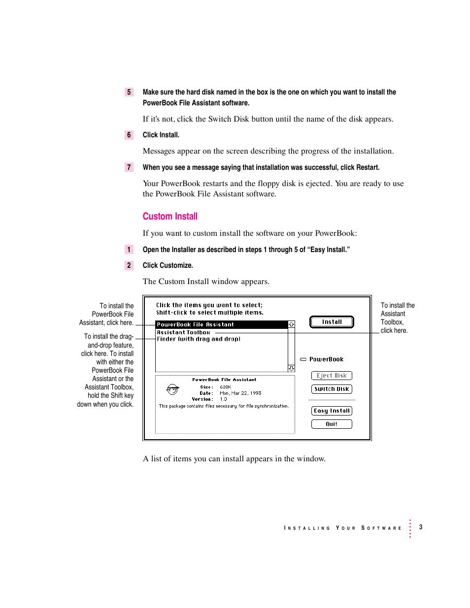 Custom install | Apple PowerBook File Assistant User Manual | Page 9 / 32