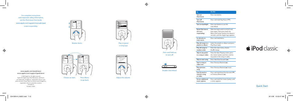 Quick start | Apple iPod classic 160 GB User Manual | Page 2 / 2