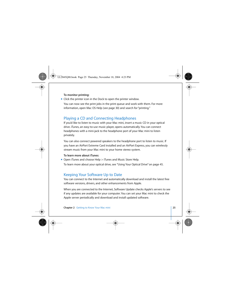 Playing a cd and connecting headphones, Keeping your software up to date | Apple Mac mini (original) User Manual | Page 25 / 106