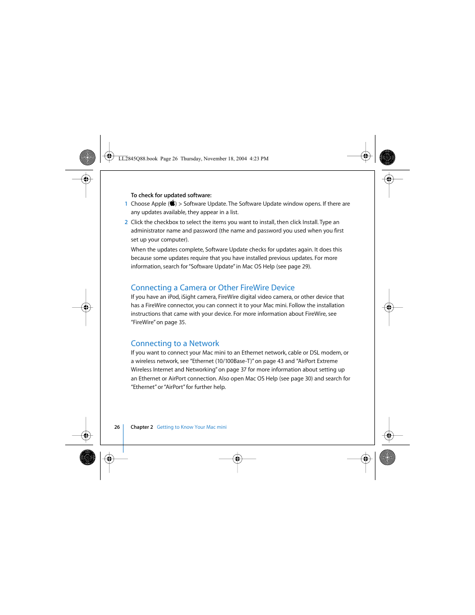 Connecting a camera or other firewire device, Connecting to a network | Apple Mac mini (original) User Manual | Page 26 / 106