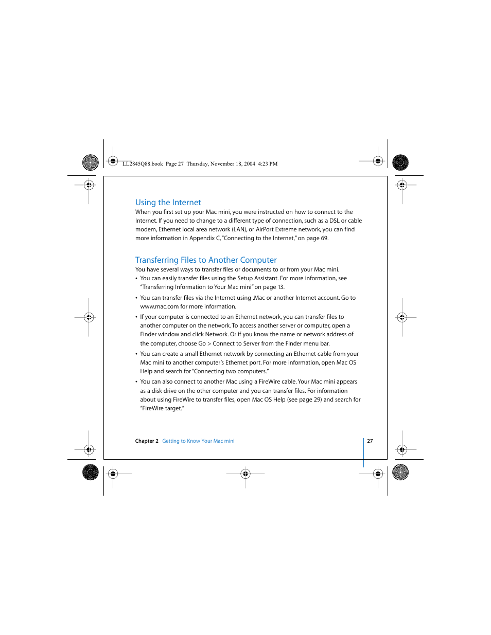 Using the internet, Transferring files to another computer | Apple Mac mini (original) User Manual | Page 27 / 106