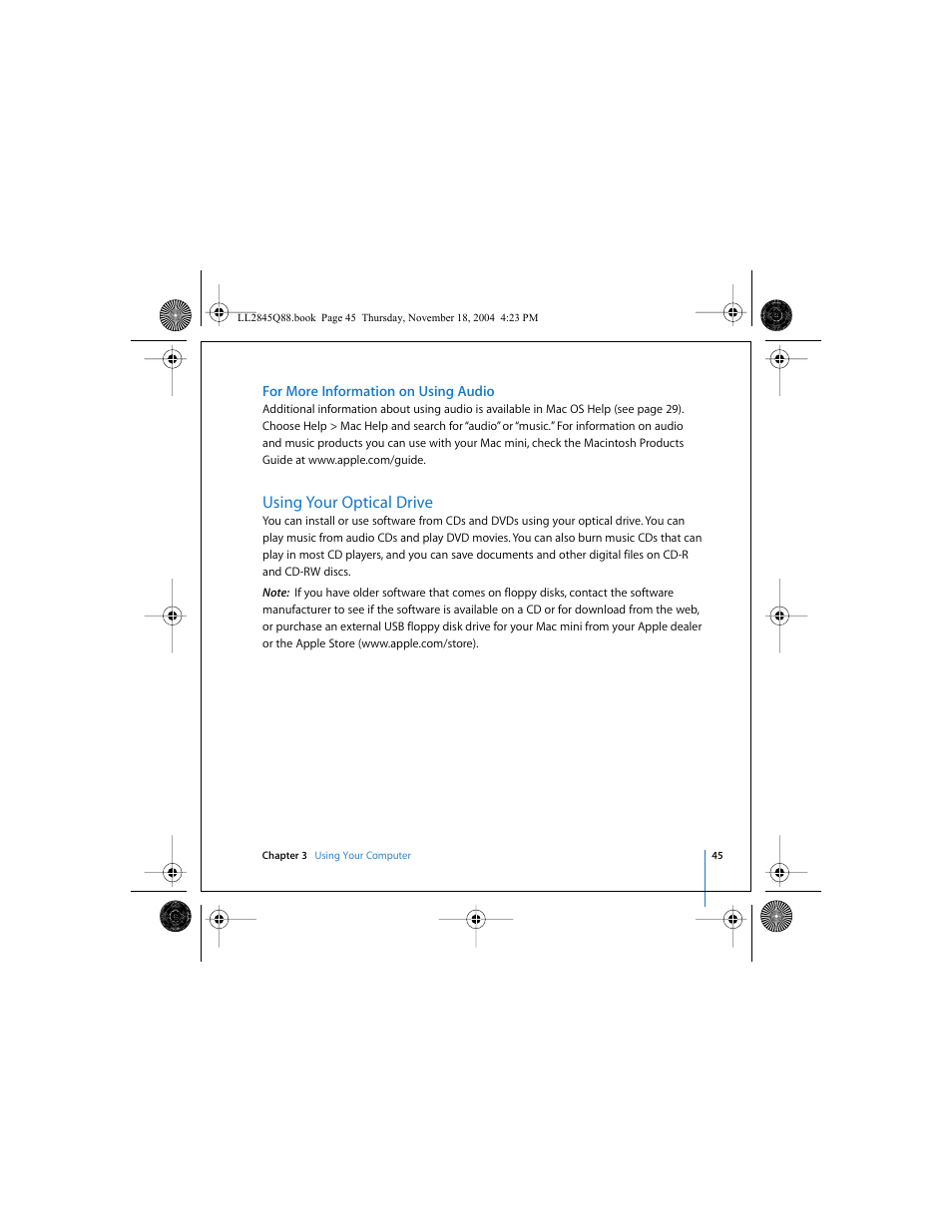 Using your optical drive | Apple Mac mini (original) User Manual | Page 45 / 106