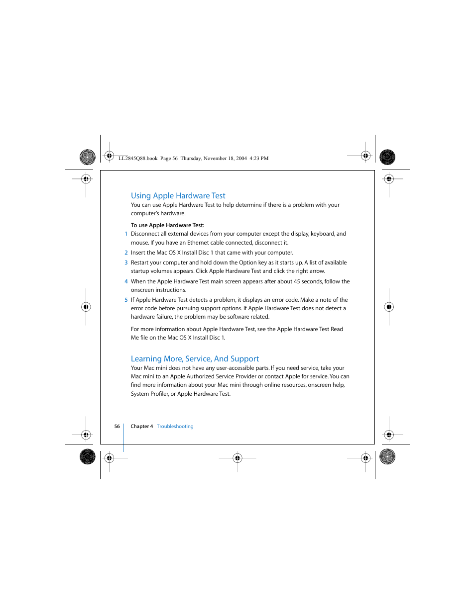 Using apple hardware test, Learning more, service, and support | Apple Mac mini (original) User Manual | Page 56 / 106