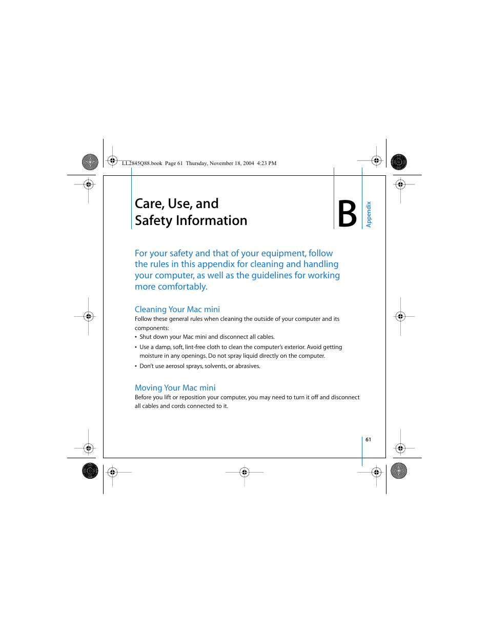 Care, use, and safety information, Cleaning your mac mini, Moving your mac mini | Apple Mac mini (original) User Manual | Page 61 / 106