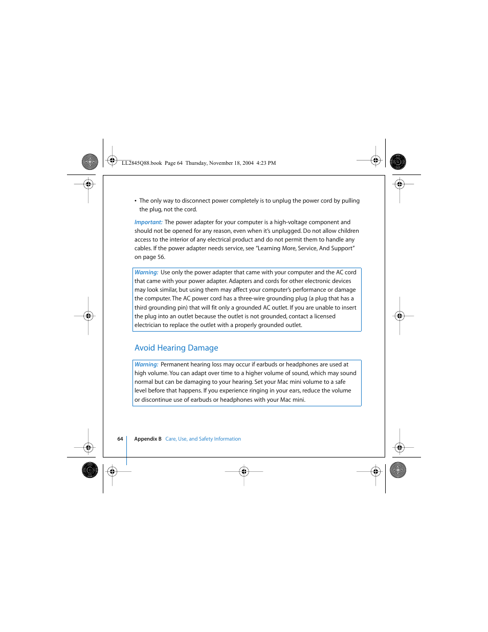 Avoid hearing damage | Apple Mac mini (original) User Manual | Page 64 / 106