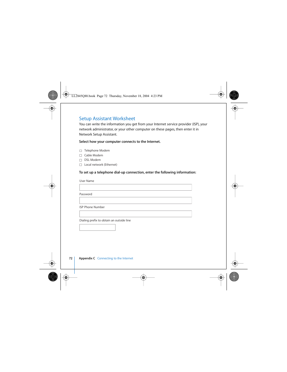 Setup assistant worksheet | Apple Mac mini (original) User Manual | Page 72 / 106