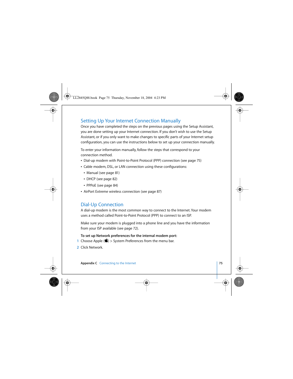 Setting up your internet connection manually, Dial-up connection | Apple Mac mini (original) User Manual | Page 75 / 106