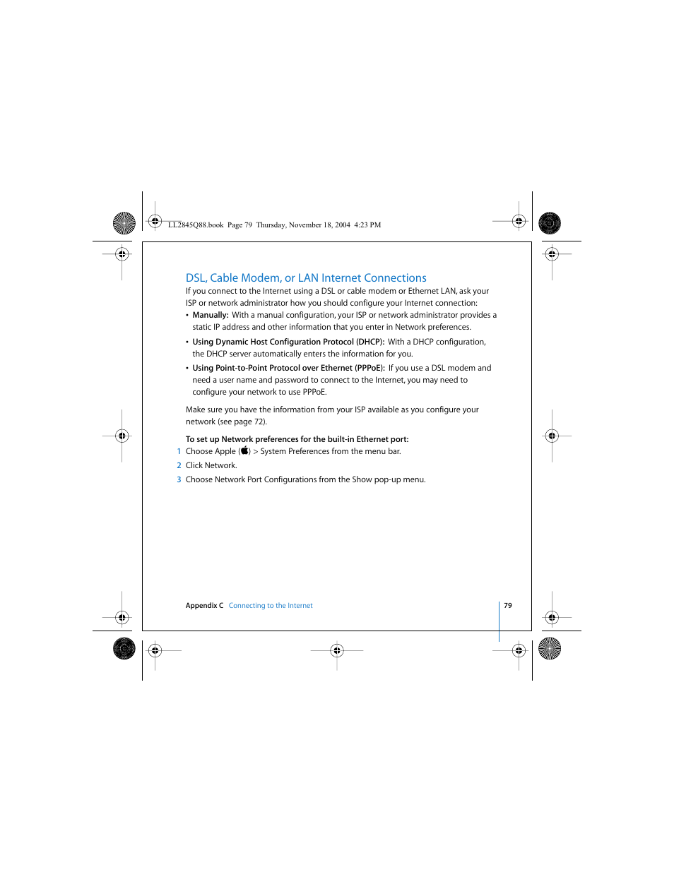 Dsl, cable modem, or lan internet connections | Apple Mac mini (original) User Manual | Page 79 / 106