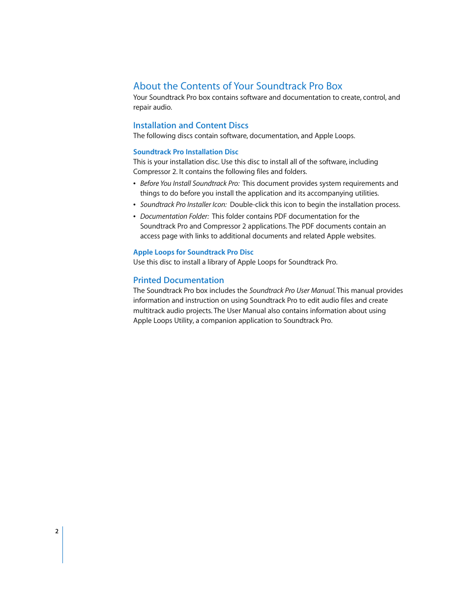 About the contents of your soundtrack pro box, Installation and content discs, Printed documentation | P. 2) | Apple Installing Your Soundtrack Pro Software User Manual | Page 2 / 8