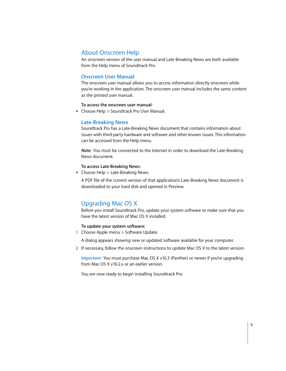 About onscreen help, Onscreen user manual, Late-breaking news | Upgrading mac os x, P. 3) | Apple Installing Your Soundtrack Pro Software User Manual | Page 3 / 8
