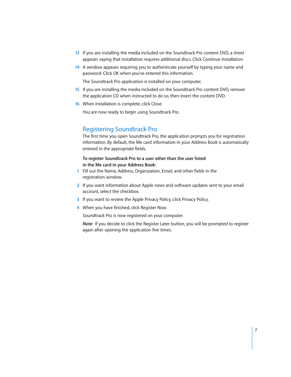 Registering soundtrack pro, P. 7) | Apple Installing Your Soundtrack Pro Software User Manual | Page 7 / 8