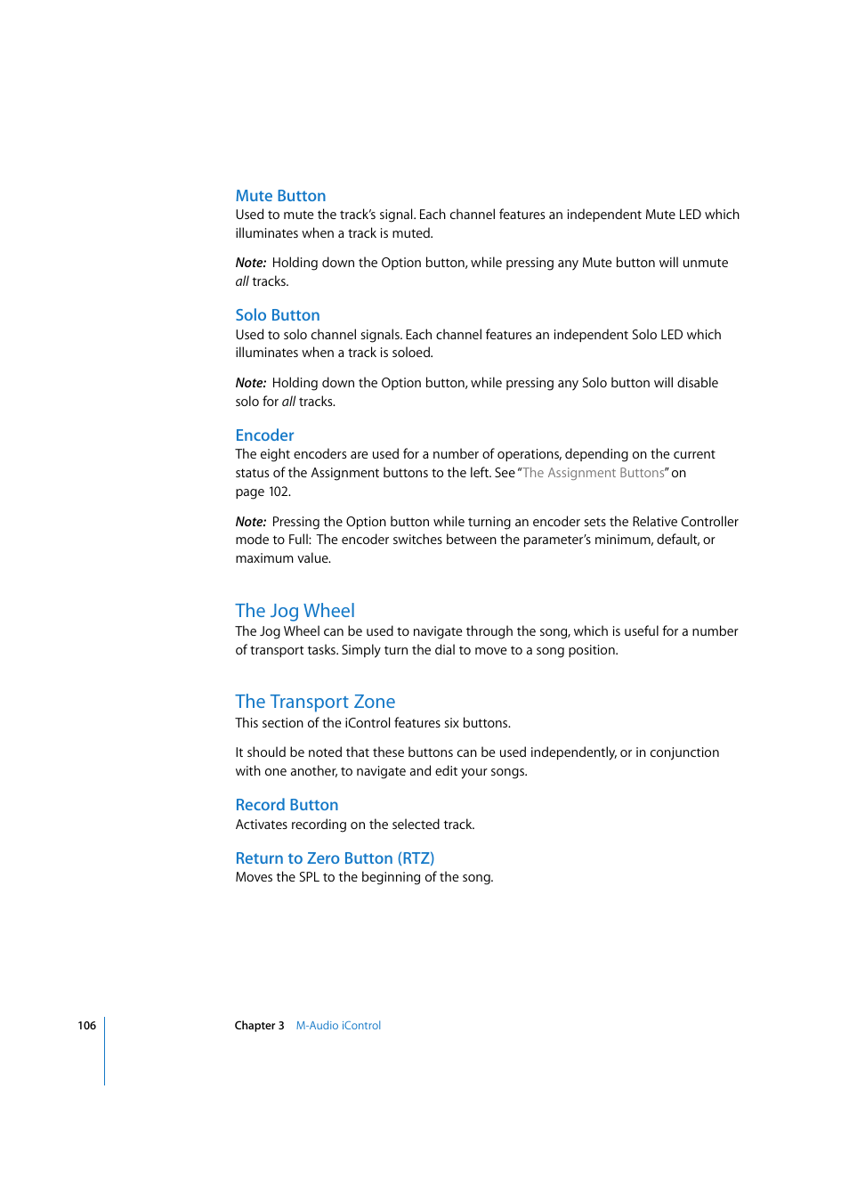 Mute button, Solo button, Encoder | The jog wheel, The transport zone, Record button, Return to zero button (rtz) | Apple Logic Express 7.2 User Manual | Page 106 / 255