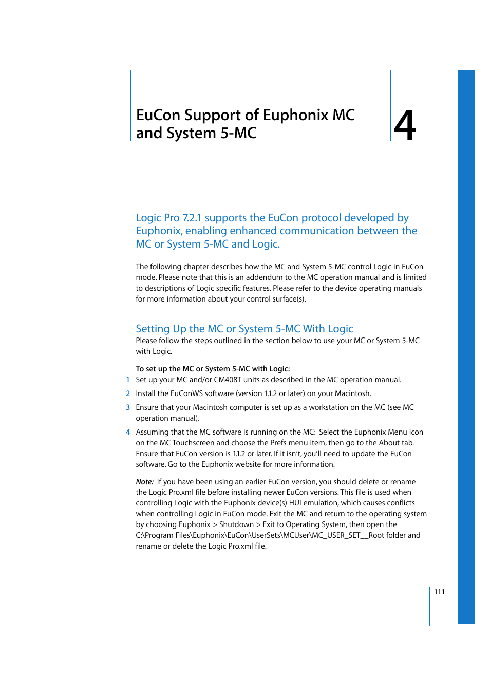 Eucon support of euphonix mc and system 5-mc, Setting up the mc or system 5-mc with logic, Chapter 4 | Eucon support of euphonix mc and system | Apple Logic Express 7.2 User Manual | Page 111 / 255