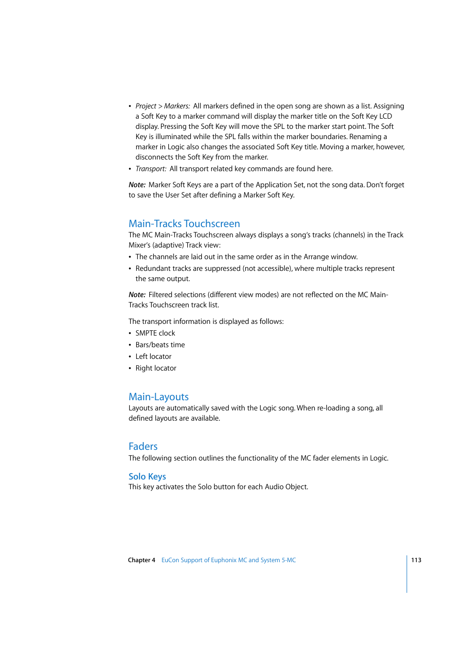 Main-tracks touchscreen, Main-layouts, Faders | Solo keys | Apple Logic Express 7.2 User Manual | Page 113 / 255