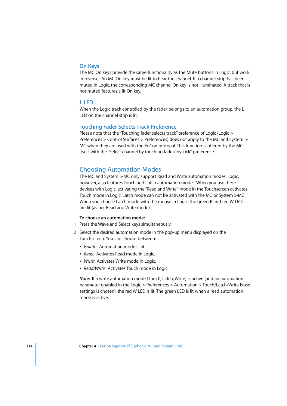 On keys, L led, Touching fader selects track preference | Choosing automation modes, Choosing | Apple Logic Express 7.2 User Manual | Page 114 / 255