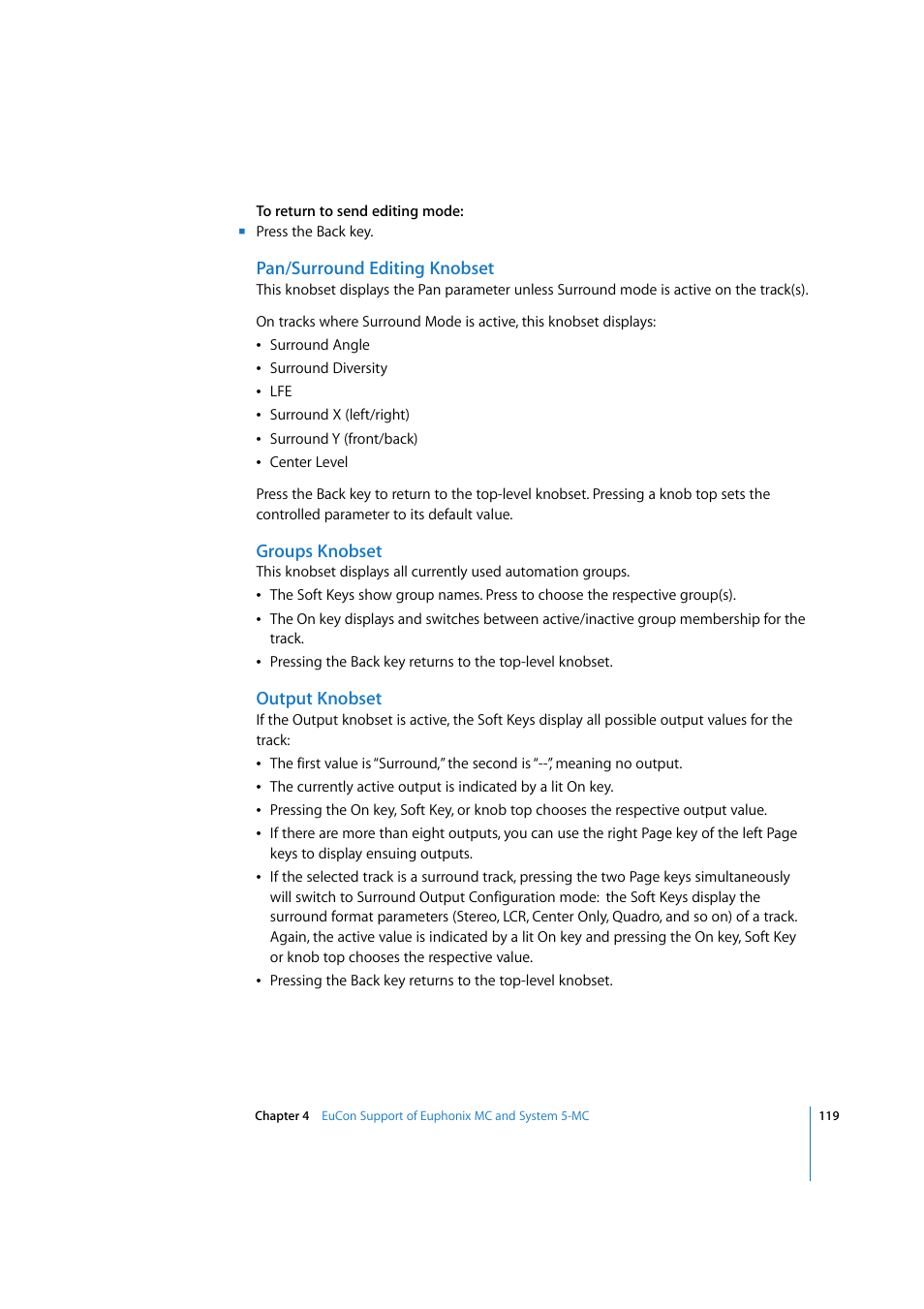 Pan/surround editing knobset, Groups knobset, Output knobset | Surround editing knobset, Groups, Knobset | Apple Logic Express 7.2 User Manual | Page 119 / 255