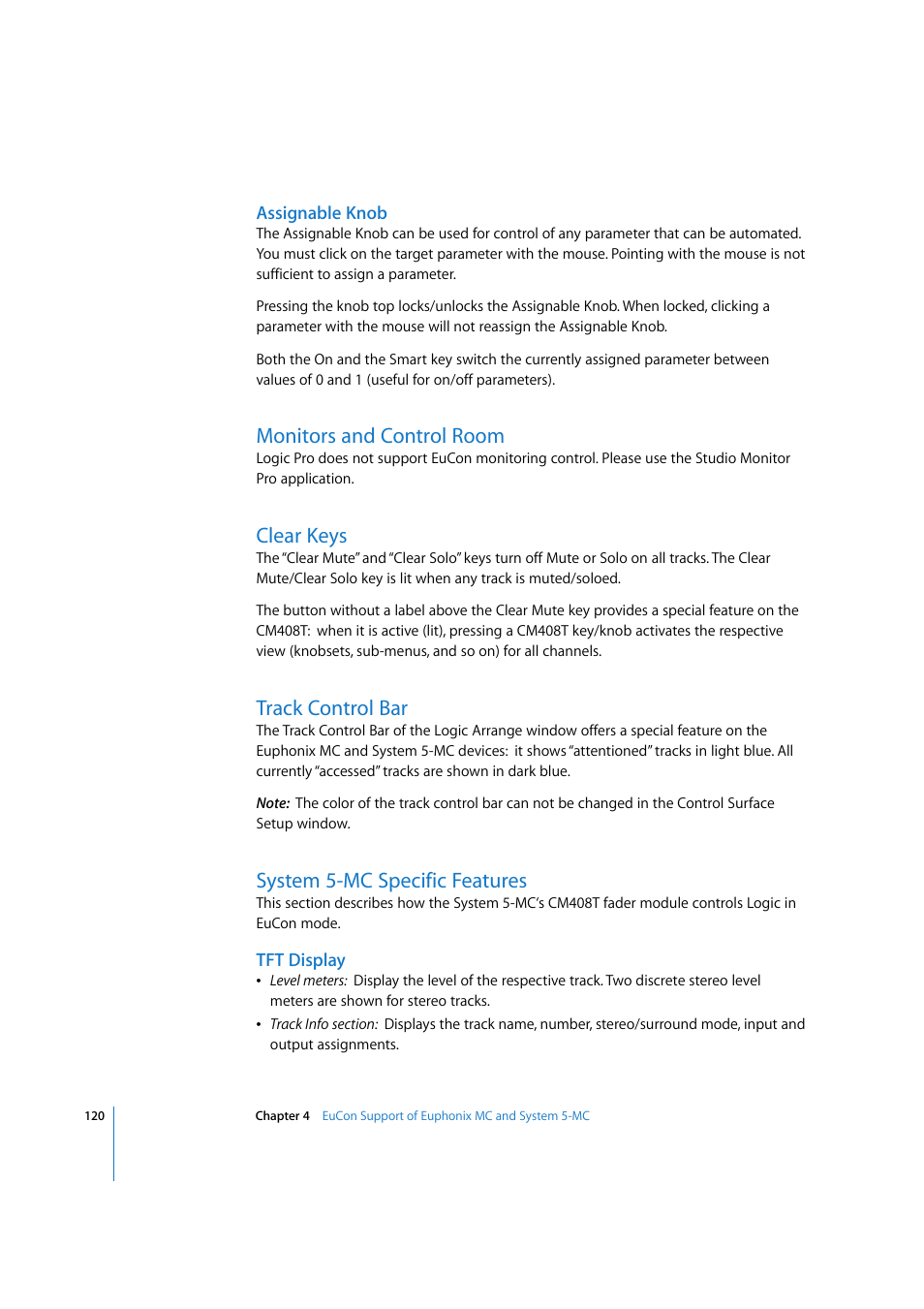 Assignable knob, Monitors and control room, Clear keys | Track control bar, System 5-mc specific features, Tft display, Monit, Clear | Apple Logic Express 7.2 User Manual | Page 120 / 255