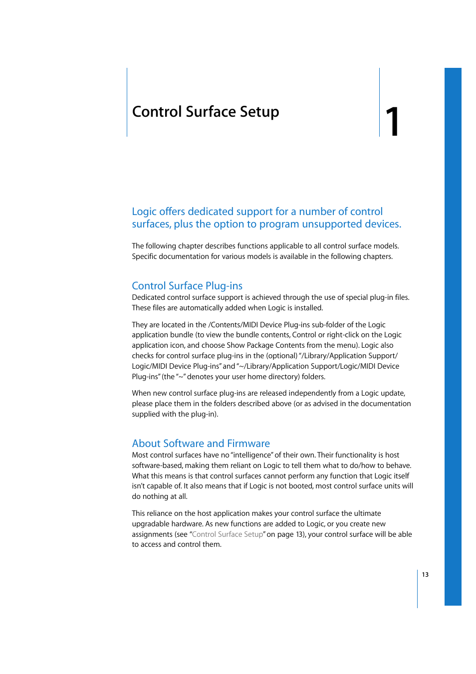 Control surface setup, Control surface plug-ins, About software and firmware | Chapter 1, About | Apple Logic Express 7.2 User Manual | Page 13 / 255