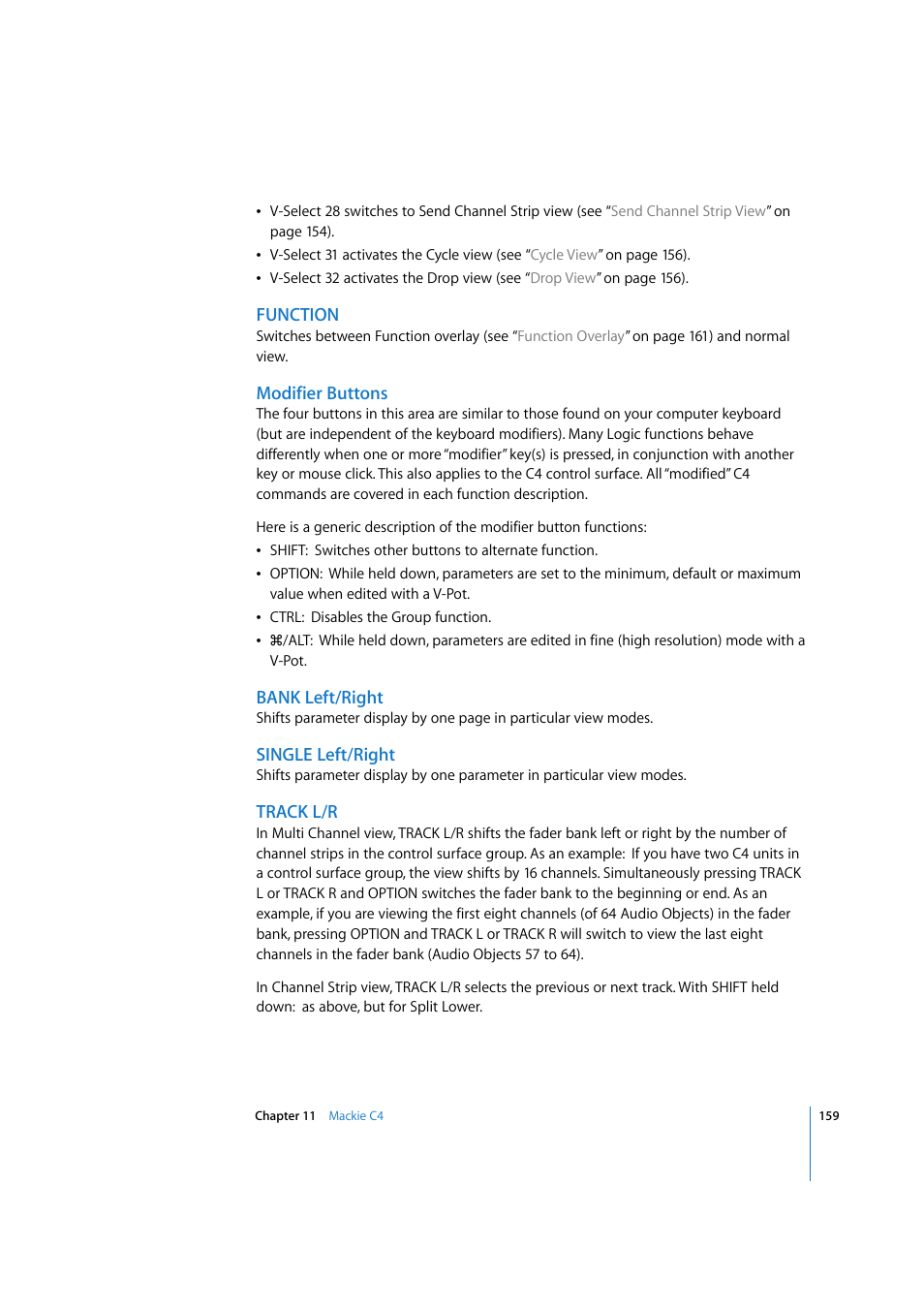 Function, Modifier buttons, Bank left/right | Single left/right, Track l/r | Apple Logic Express 7.2 User Manual | Page 159 / 255