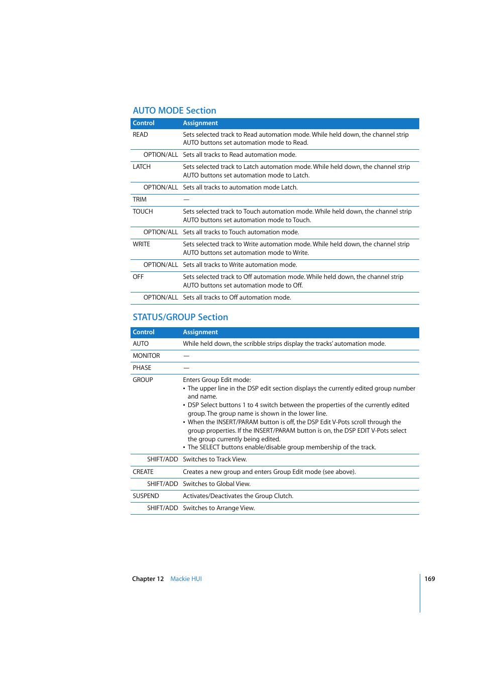 Auto mode section, Status/group section | Apple Logic Express 7.2 User Manual | Page 169 / 255