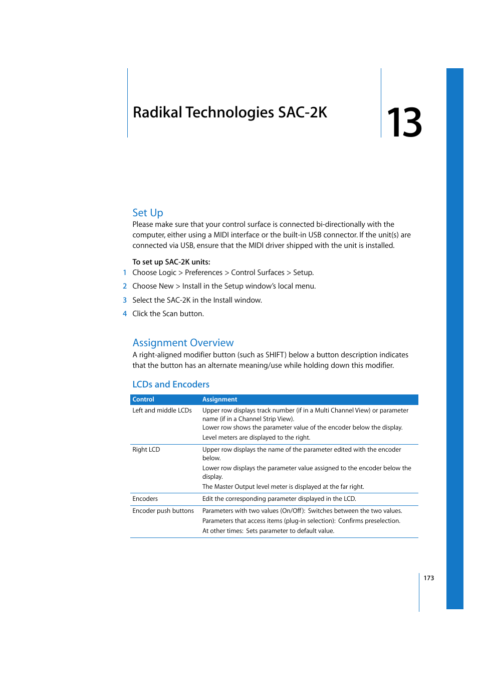 Radikal technologies sac-2k, Set up, Assignment overview | Lcds and encoders, Chapter 13 | Apple Logic Express 7.2 User Manual | Page 173 / 255