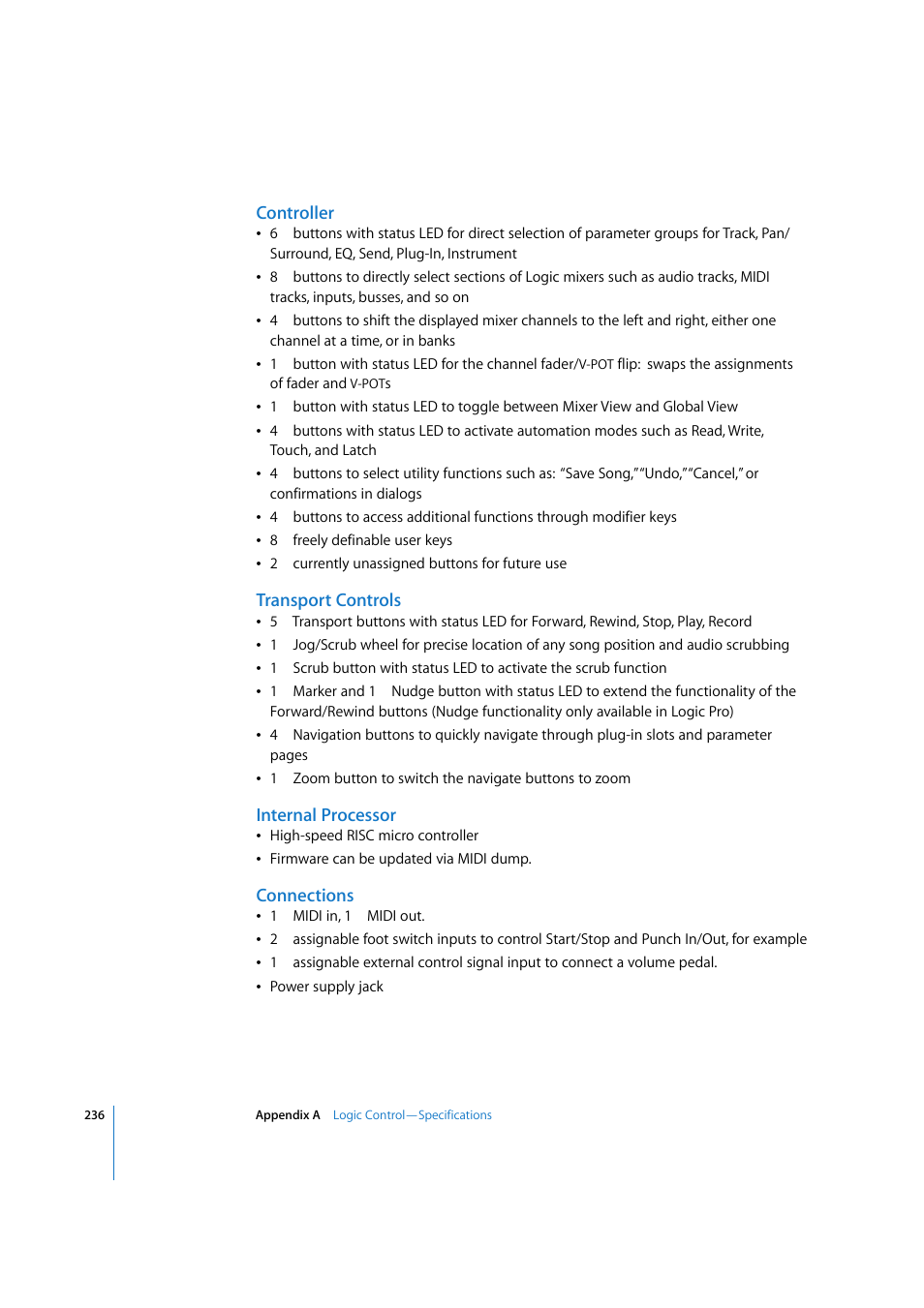Controller, Transport controls, Internal processor | Connections | Apple Logic Express 7.2 User Manual | Page 236 / 255