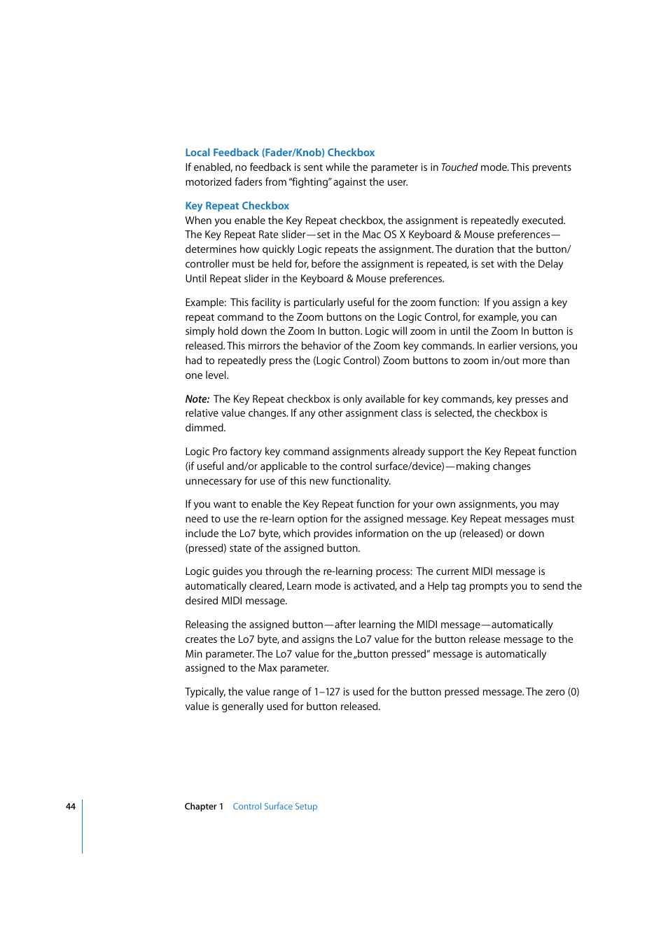 Key repeat checkbox | Apple Logic Express 7.2 User Manual | Page 44 / 255