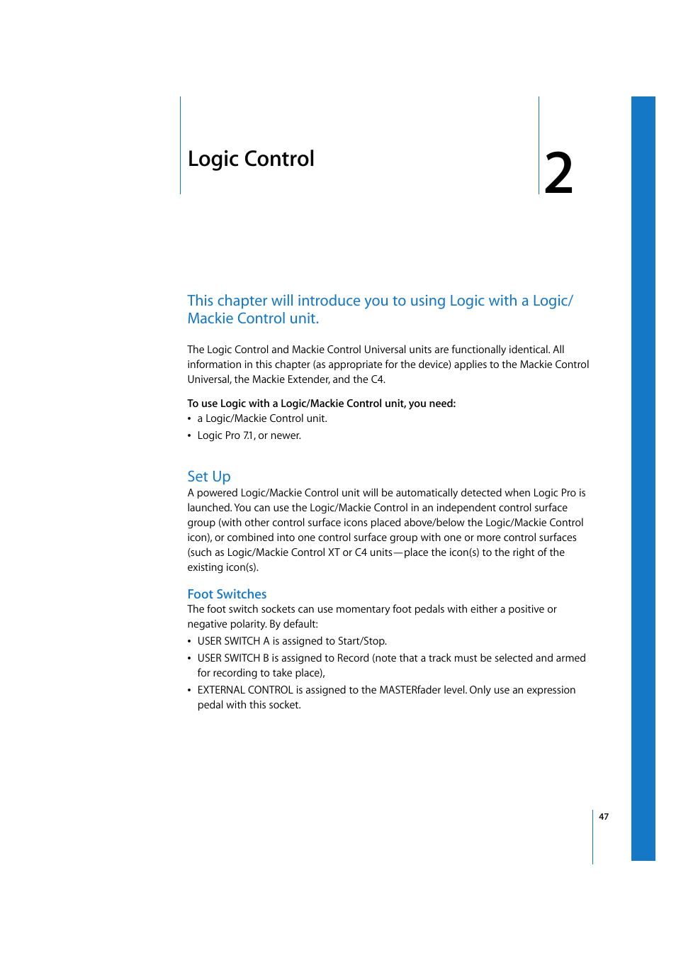 Logic control, Set up, Foot switches | Chapter 2, Logic, Control | Apple Logic Express 7.2 User Manual | Page 47 / 255