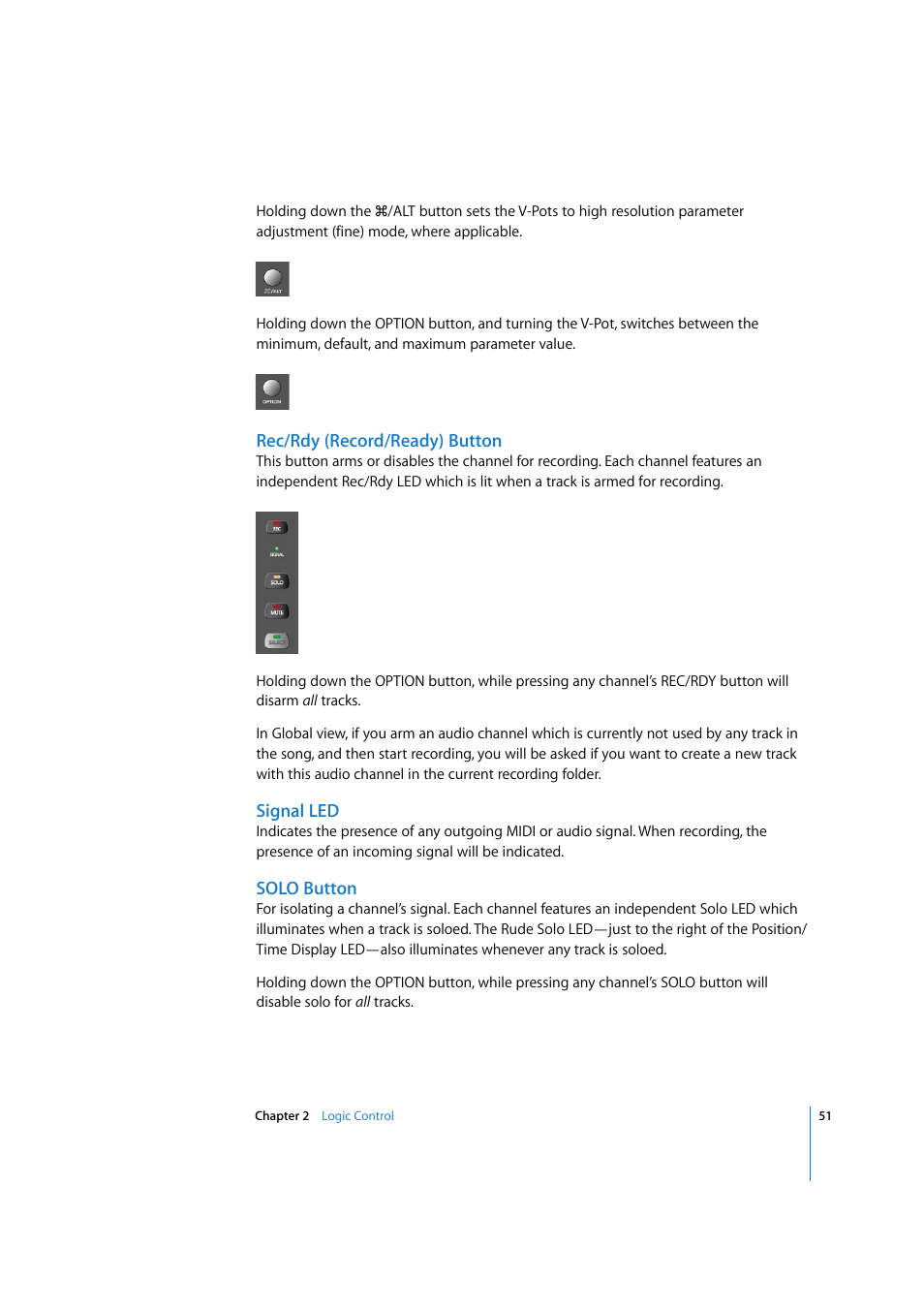 Rec/rdy (record/ready) button, Signal led, Solo button | Apple Logic Express 7.2 User Manual | Page 51 / 255