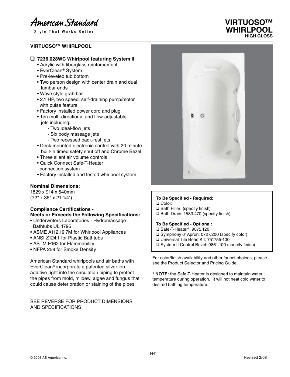 American Standard Virtuoso 7236.028WC User Manual | 2 pages