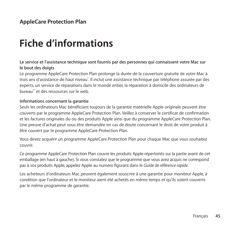 Fiche d’informations, Applecare protection plan | Apple AppleCare Protection Plan for Mac User Manual | Page 45 / 112