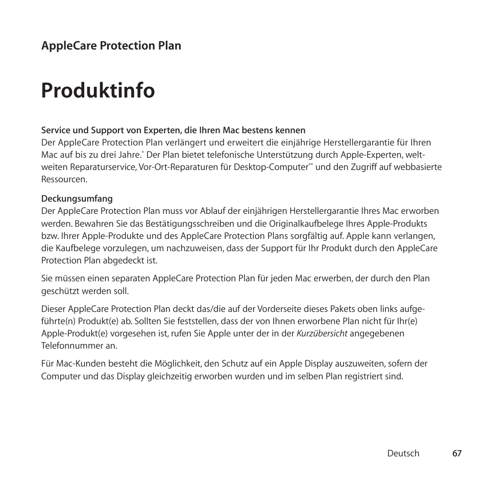 Produktinfo, Applecare protection plan | Apple AppleCare Protection Plan for Mac User Manual | Page 67 / 112