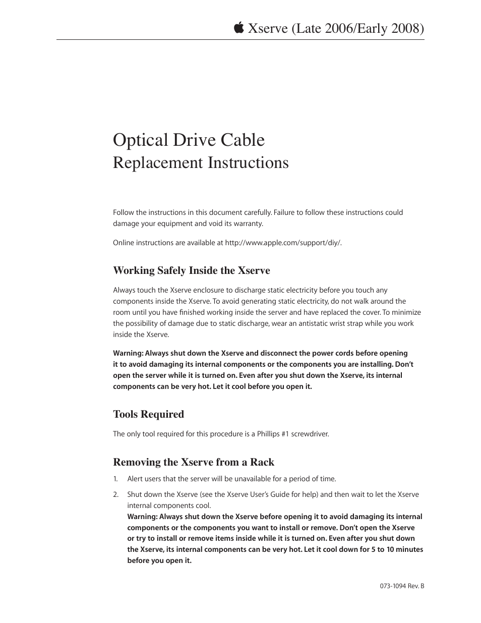 Apple Xserve (Early 2008) DIY Procedure for Optical Drive Cable User Manual | 8 pages