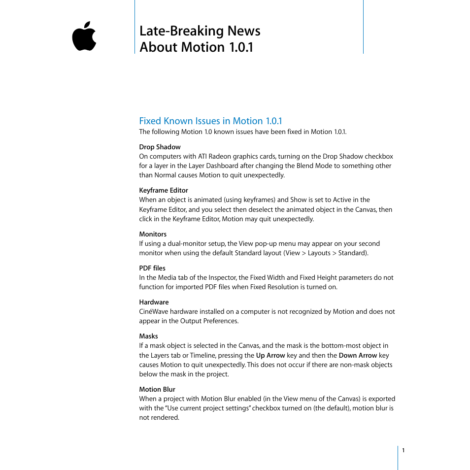 Apple Motion 1.0.1: Late-Breaking News User Manual | 10 pages