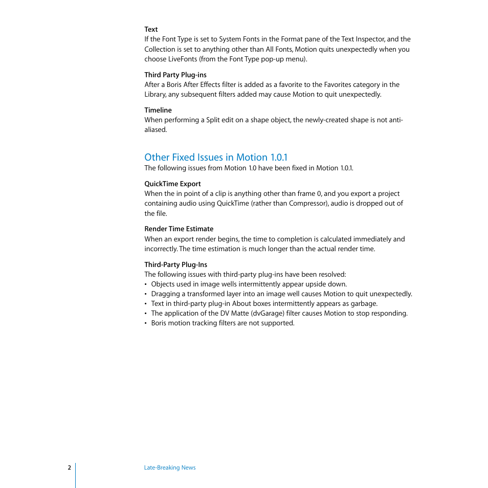 Other fixed issues in motion 1.0.1 | Apple Motion 1.0.1: Late-Breaking News User Manual | Page 2 / 10