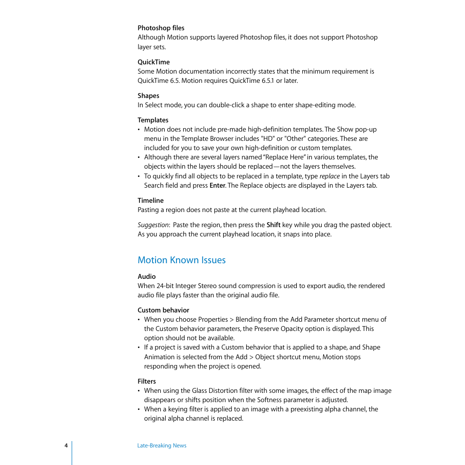 Motion known issues | Apple Motion 1.0.1: Late-Breaking News User Manual | Page 4 / 10