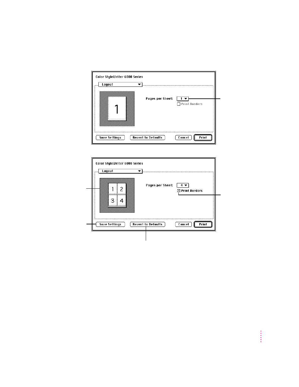 Layout settings in the print dialog box | Apple Color StyleWriter 6500 User Manual | Page 43 / 125