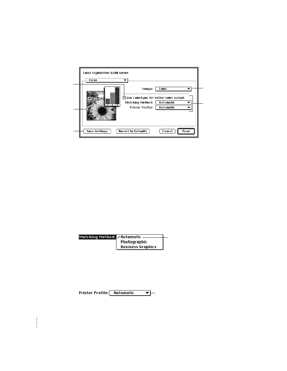 Color settings in the print dialog box | Apple Color StyleWriter 6500 User Manual | Page 44 / 125