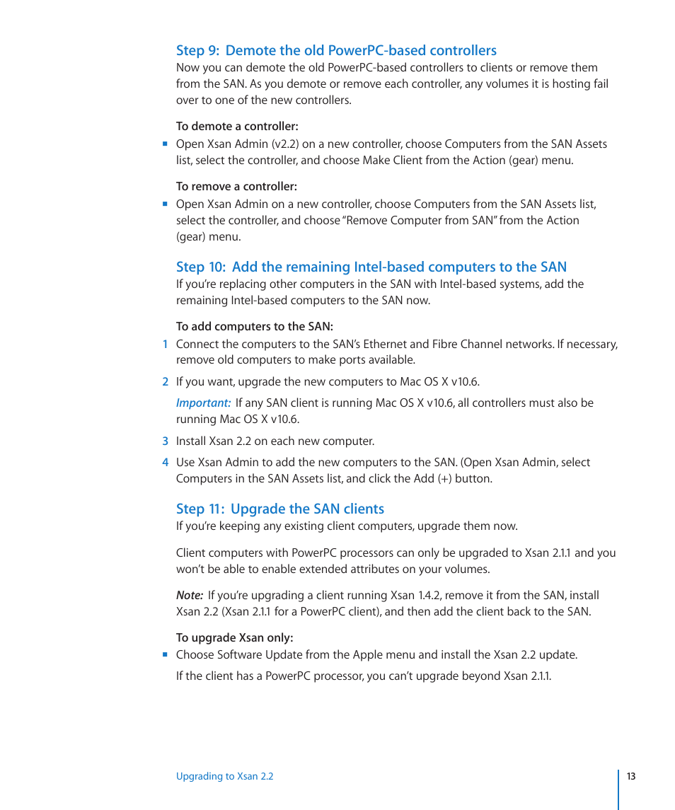 Step 9: demote the old powerpc-based controllers, Step 11: upgrade the san clients | Apple Xsan 2 (Third Edition) User Manual | Page 13 / 15
