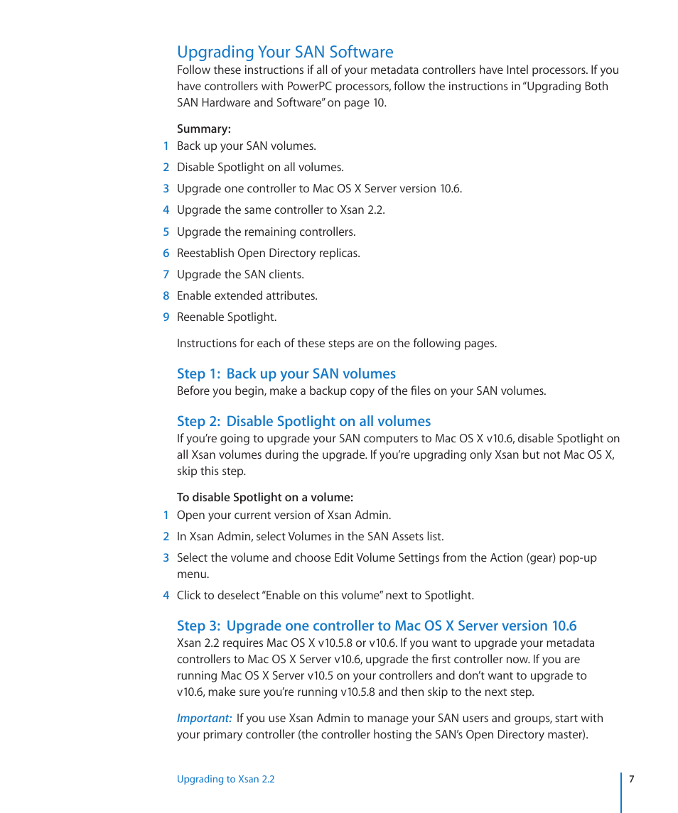 Upgrading your san software, Step 1: back up your san volumes, Step 2: disable spotlight on all volumes | Apple Xsan 2 (Third Edition) User Manual | Page 7 / 15