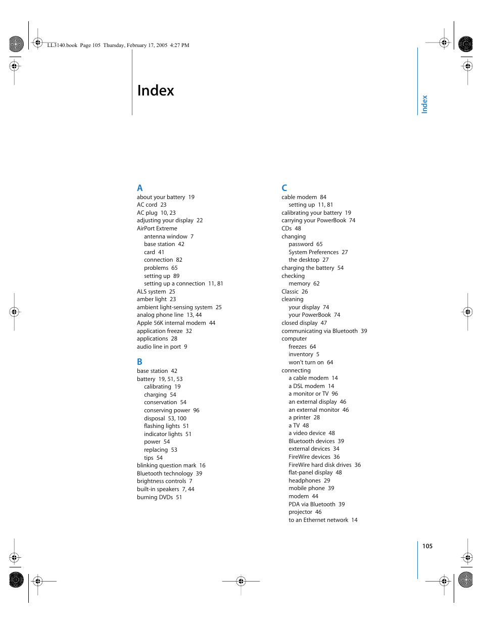 Index | Apple PowerBook G4 (17-inch, 1.67 GHz) User Manual | Page 105 / 112