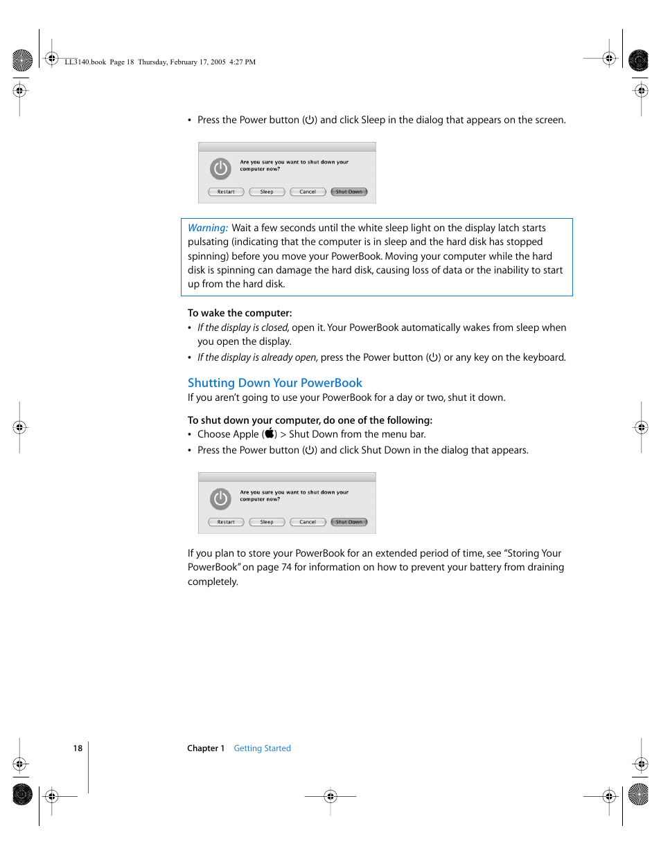 Shutting down your powerbook | Apple PowerBook G4 (17-inch, 1.67 GHz) User Manual | Page 18 / 112