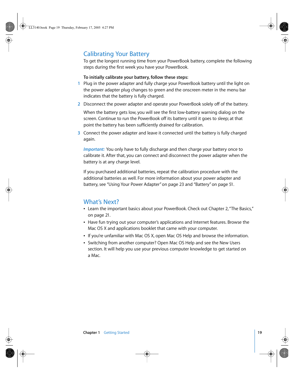 Calibrating your battery, What’s next | Apple PowerBook G4 (17-inch, 1.67 GHz) User Manual | Page 19 / 112